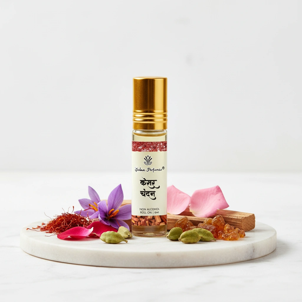 Saba Kesar Chandan Attar Roll On Perfume Oil 6ml | Long Lasting Natural Fragrance | Non-Alcoholic Unisex Attar for Men & Women | Sandalwood & Saffron Essence